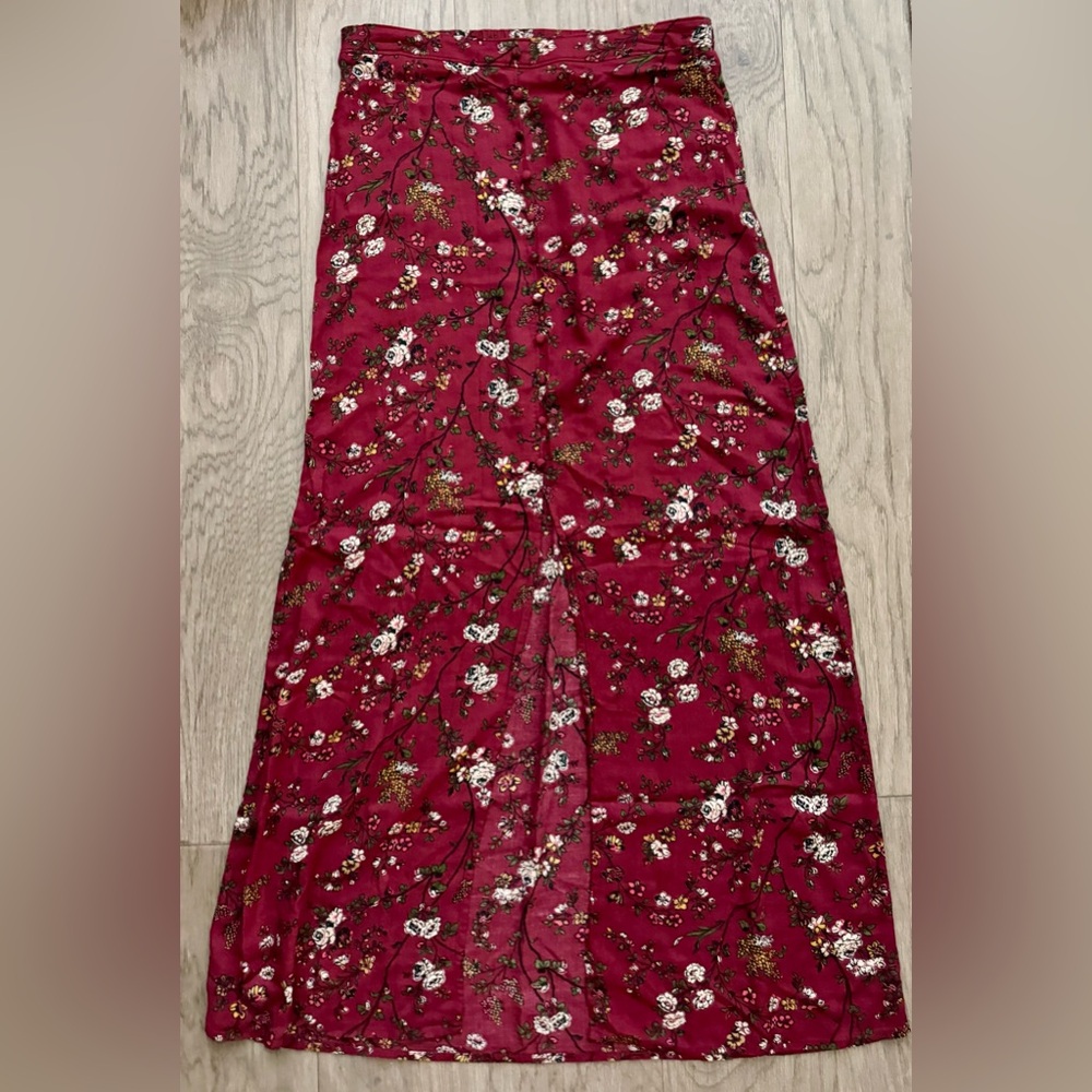 Womens Red Floral Slit Front Button Skirt